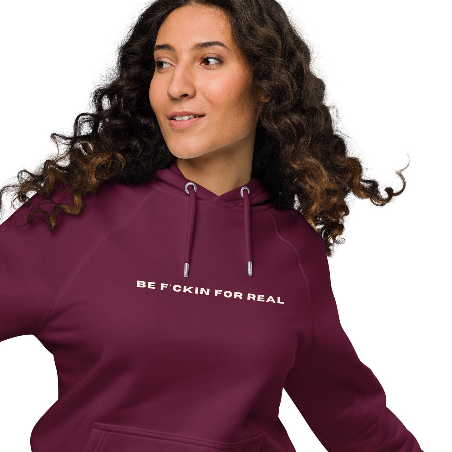 *be f*ckin for real* - Unisex eco raglan hoodie